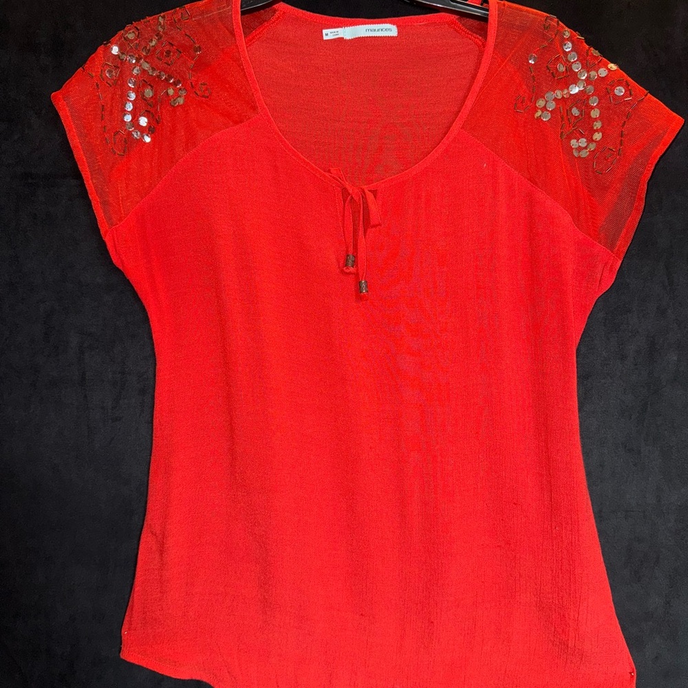 Short Sleeve Sequin Accent Tie-Front Top